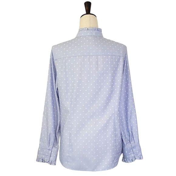 Chico's Blue Dot Ruffle Detail No Iron Long Sleeve Button Down Shirt Size 8/10 - Picture 4 of 8
